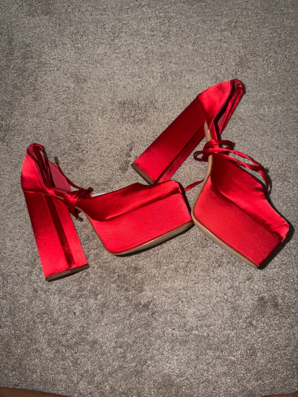 Anna Red Satin Lace-Up Square Toe Heels